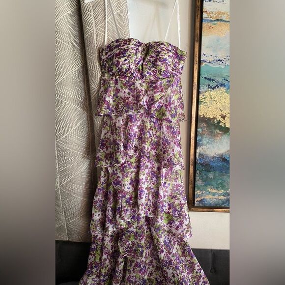 AIDAN AIDAN MATTOX Womens Maxi Dress Strapless Floral Purple Ruffles Chiffon 2 - Picture 1 of 14
